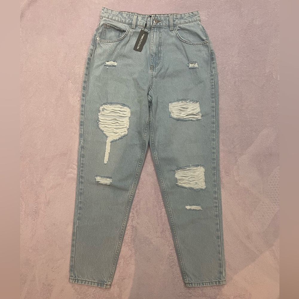 Pretty Little Thing Distressed Light Blue Mom Jeans